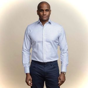LEDBURY | L / 17 | Men’s Huxley Tattersall Gingham Blue Grey Slim Dress Shirt